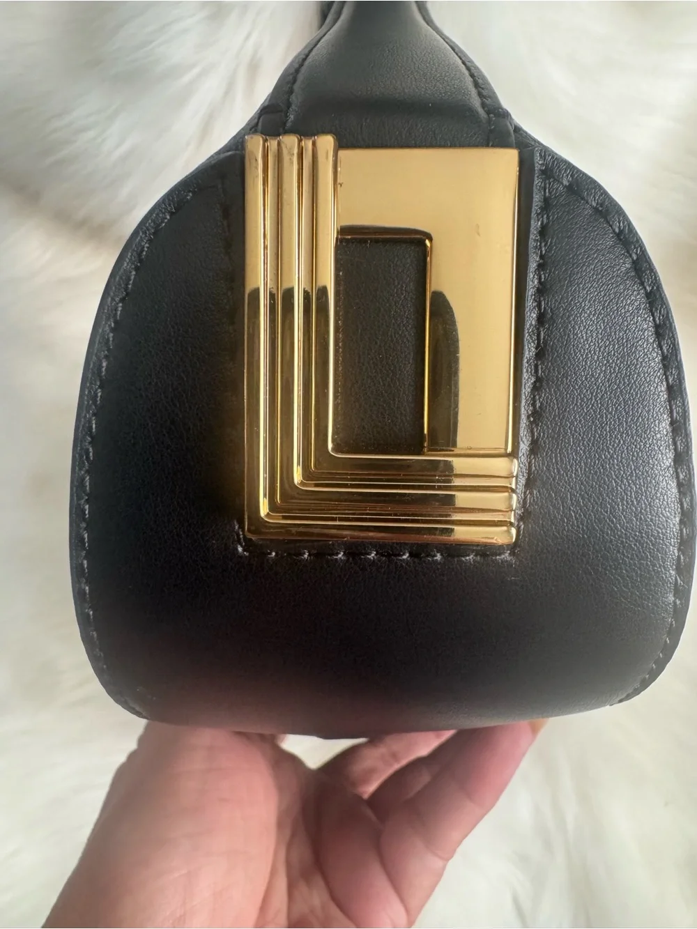 Karl Lagerfeld Black Pebbled Leather Crescent Shoulder Bag with Gold Hardware